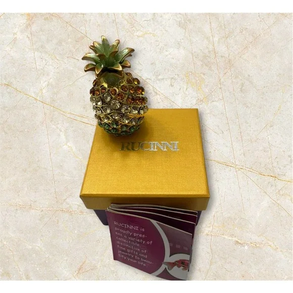 Rucinni Pineapple Trinket Jewelry Box Swarovski & Austria Crystals Enamel Hinged - Picture 2 of 9